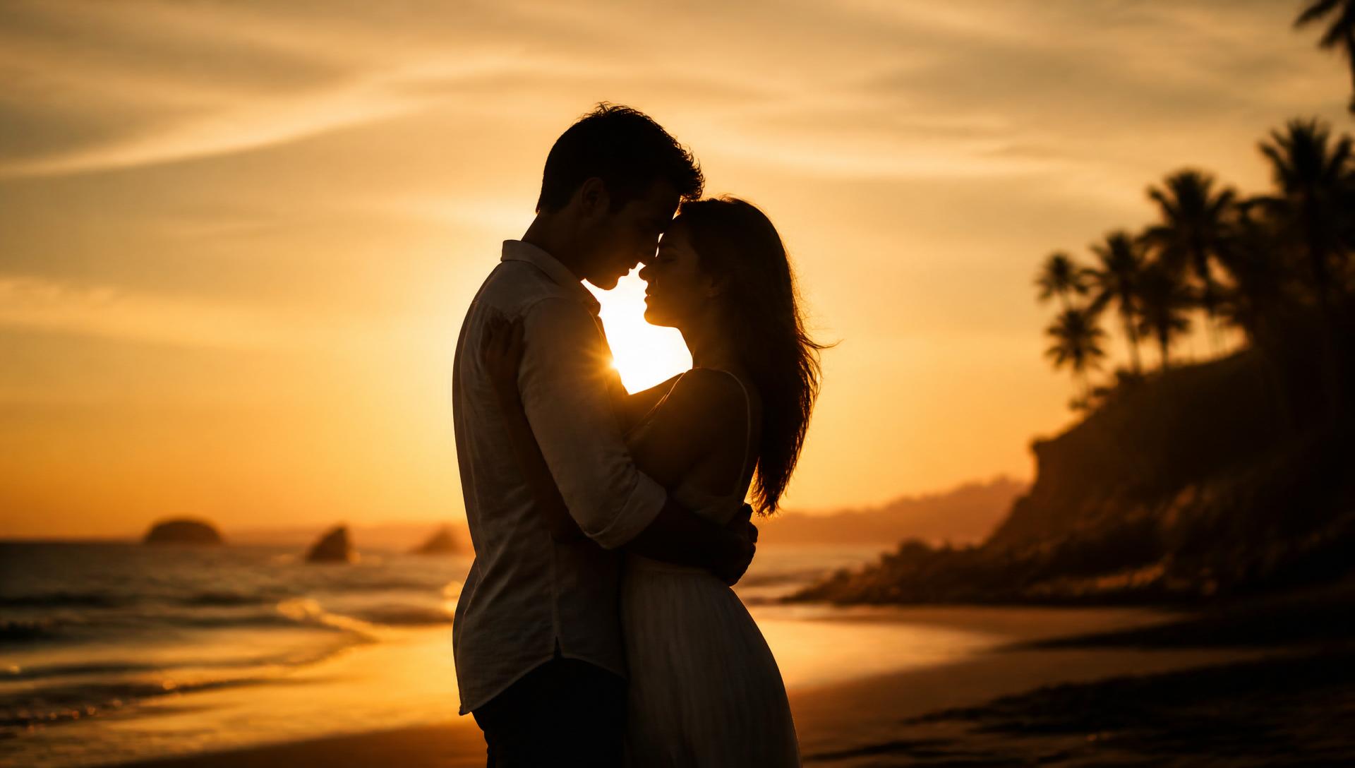 Casal abraçado diante do pôr do sol